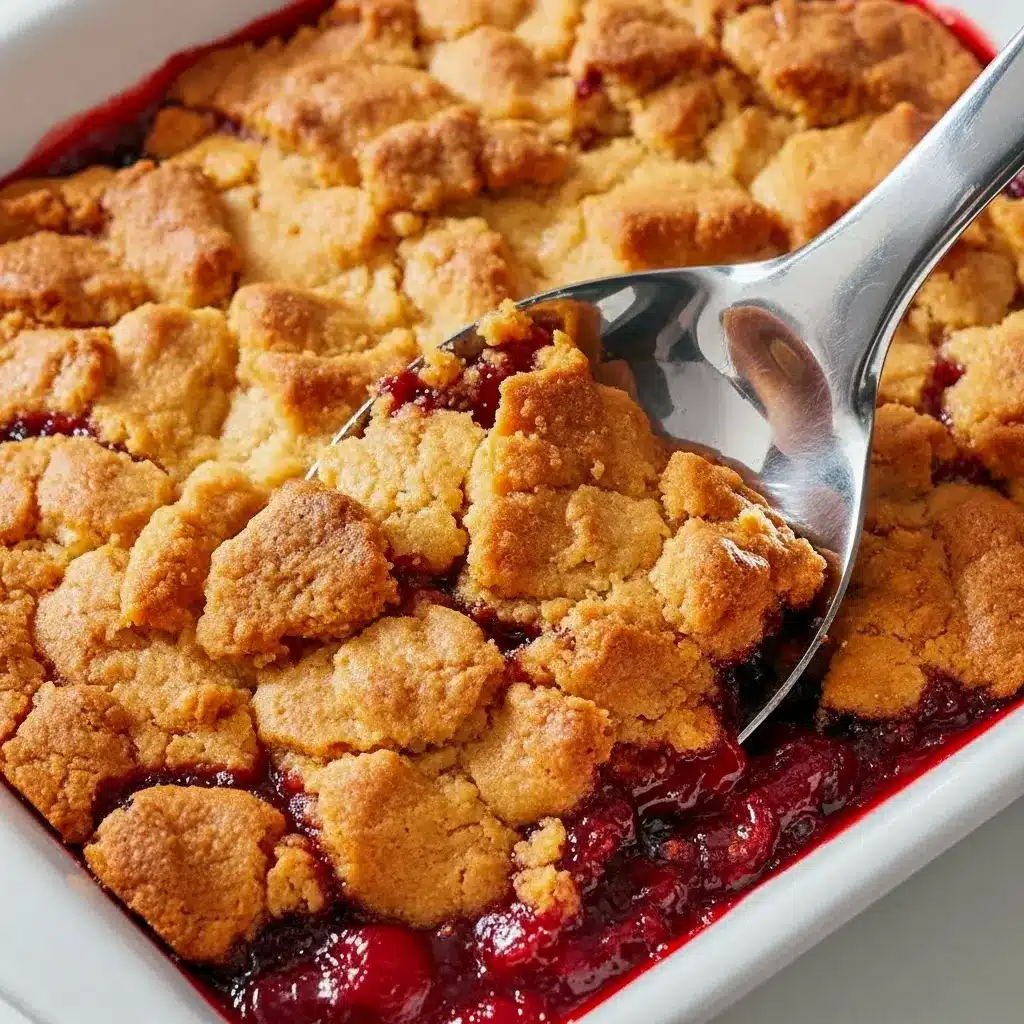 Golden peanut butter cookie-topped cobbler bubbling with strawberry filling in a glass 9×13 pan, served with a melting scoop of vanilla ice cream, Peanut Butter And Jelly Cobbler.