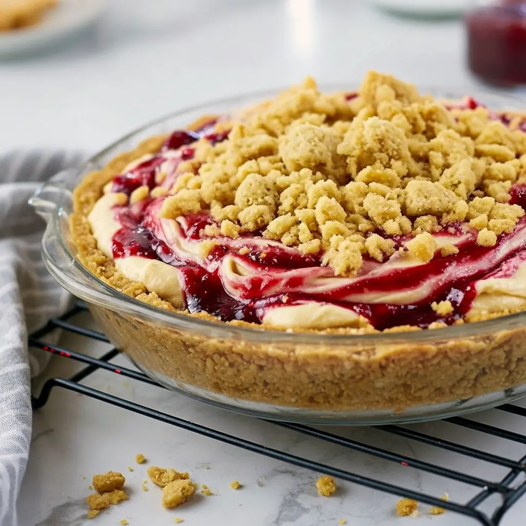 Slice of peanut butter and jelly pie with a crunchy cookie crust, swirled peanut butter filling, glossy raspberry jelly pockets and toasted crumb topping on a plate, Pie Dessert.