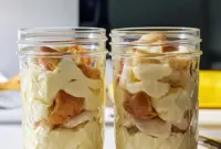 Creamy jar of Healthy And Easy Desserts protein banana pudding layered with crushed vanilla wafers and banana slices.