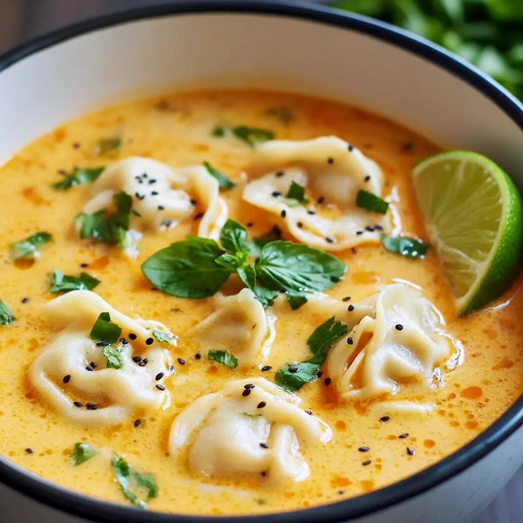 Steaming bowl of red curry pot sticker soup with plump dumplings, mushrooms, wilted greens, sliced red chili, cilantro, and a lime wedge on the side, Pot Stickers Soup Recipe.