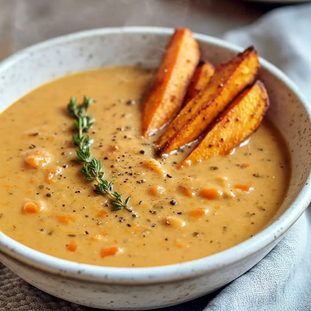 Cozy Soup — bowl of creamy roasted Italian sweet potato soup garnished with thyme and roasted potato wedges, ready to serve.