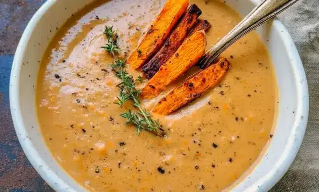 Cozy Soup — bowl of creamy roasted Italian sweet potato soup garnished with thyme and roasted potato wedges, ready to serve.