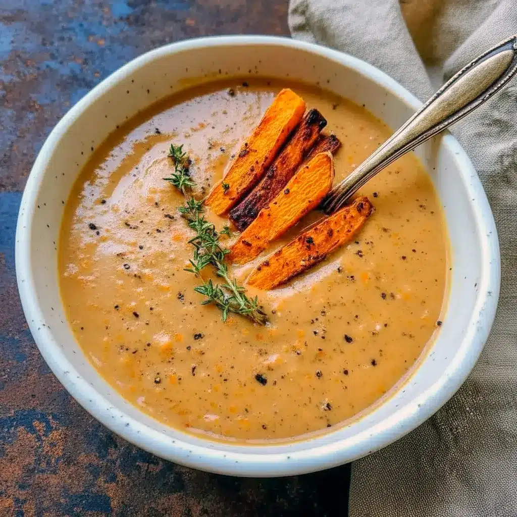 Cozy Soup — bowl of creamy roasted Italian sweet potato soup garnished with thyme and roasted potato wedges, ready to serve.