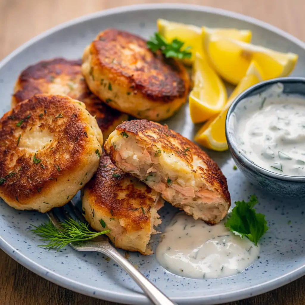 Easy Salmon Cakes stacked on a plate, crisp golden exterior, visible mashed-potato center, garnished with chopped chives and a small bowl of garlic-chive yogurt sauce.