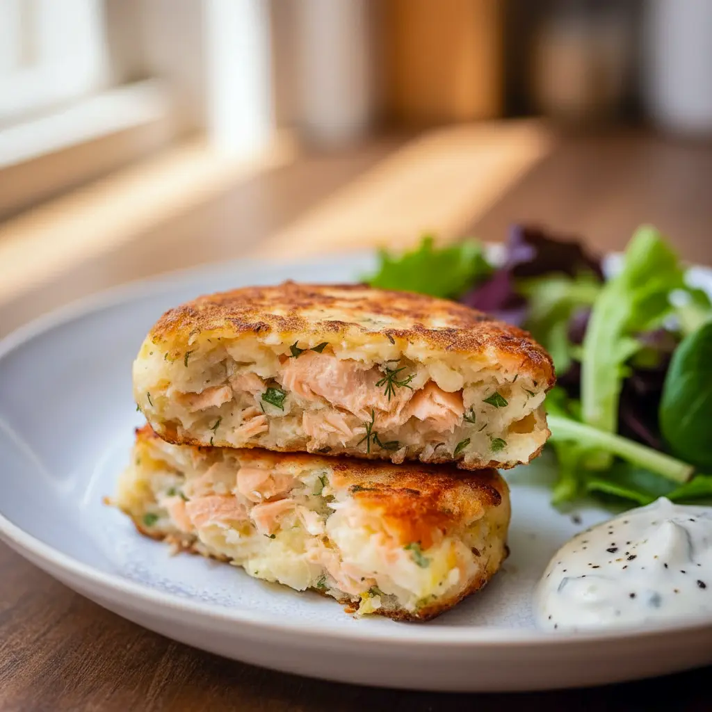 Easy Salmon Cakes stacked on a plate, crisp golden exterior, visible mashed-potato center, garnished with chopped chives and a small bowl of garlic-chive yogurt sauce.