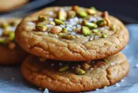 Golden Honey Pistachio Cookies dotted with chopped pistachios and a sprinkle of flaky sea salt on parchment paper.