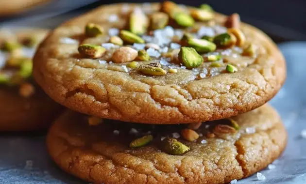 Golden Honey Pistachio Cookies dotted with chopped pistachios and a sprinkle of flaky sea salt on parchment paper.