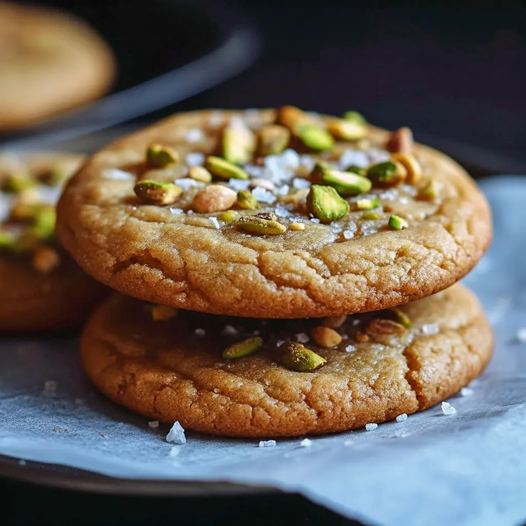 Golden Honey Pistachio Cookies dotted with chopped pistachios and a sprinkle of flaky sea salt on parchment paper.