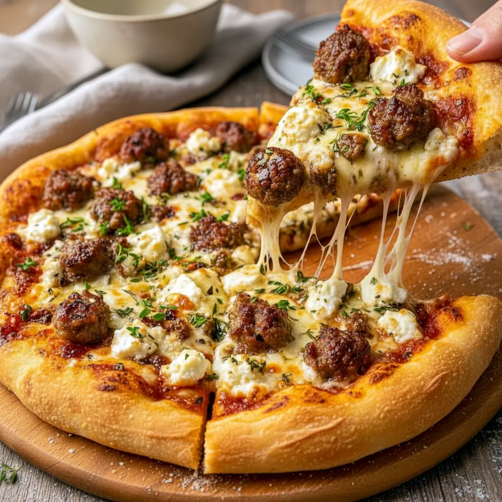 Homemade Pizza close-up: golden crust topped with crumbled sausage, ricotta dollops, melted mozzarella and a glossy hot-honey drizzle, garnished with basil.