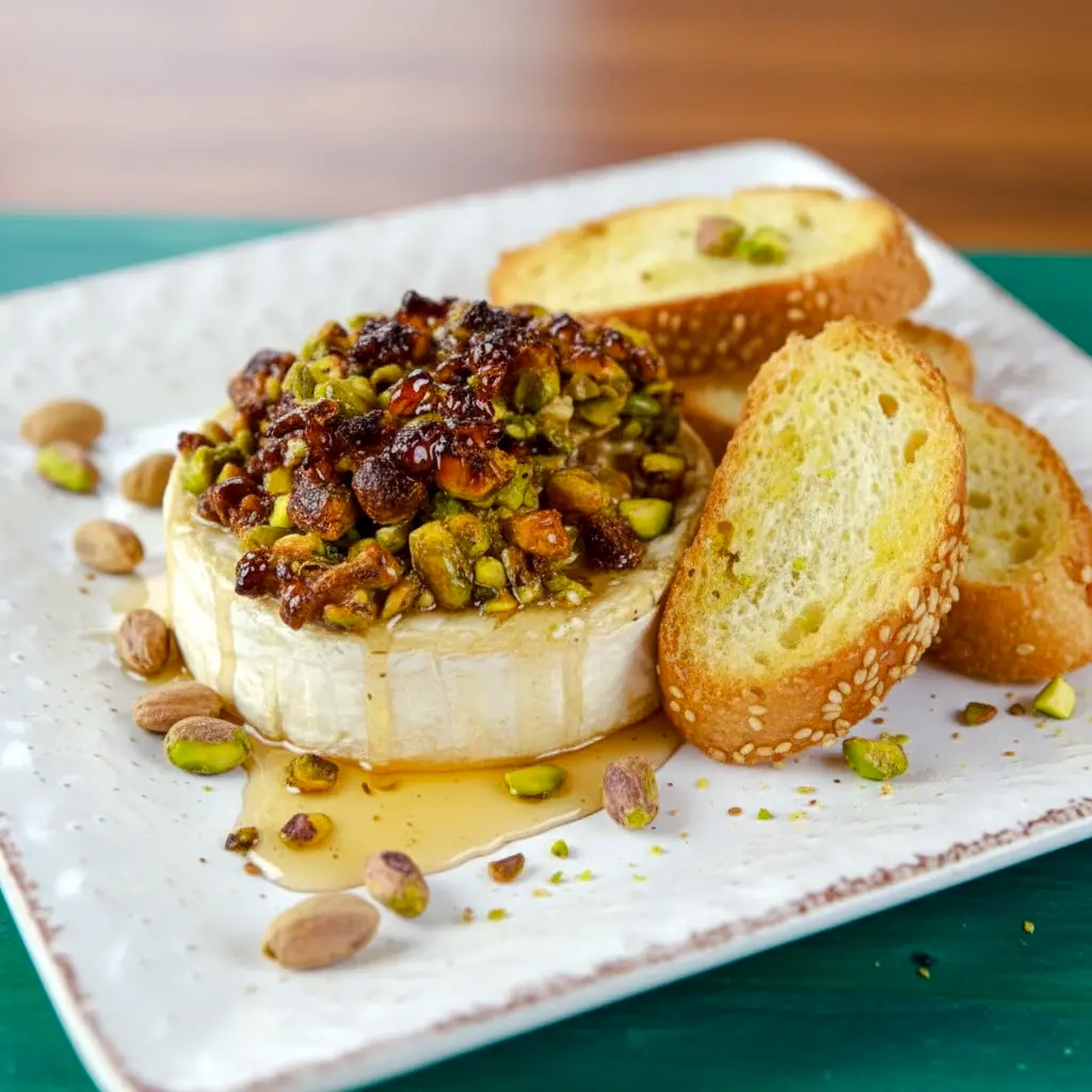 Small Group Appetizers — golden baked brie topped with chopped pistachios and honey, on a wooden board with toasted baguette rounds.