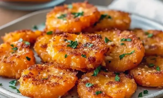 Close-up of golden, crispy smashed carrots topped with grated Parmesan and parsley — Healthy Yummy Side Dishes.