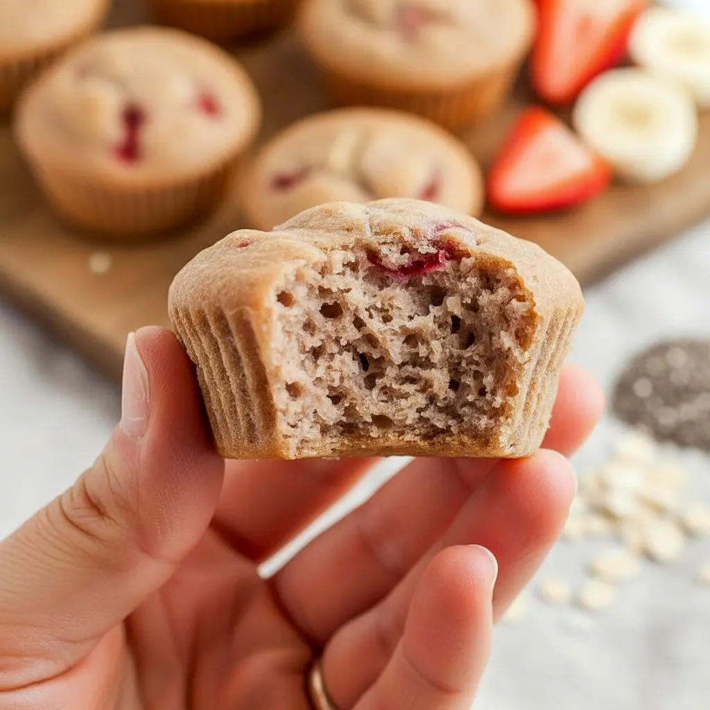 Plate of Healthy Blender Muffins — strawberry-banana mini muffins in silicone liners with golden tops and a few fresh berries beside them.