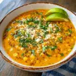 Warm bowl of street corn chicken chili topped with cilantro, crumbled cheese, and a lime wedge on a rustic wooden table, Street Corn Chicken Chili Recipe.