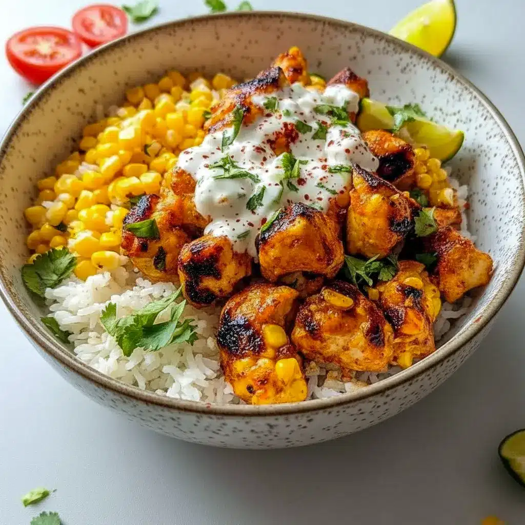 Overhead shot of a Street Corn Chicken Rice Bowl: sliced seasoned chicken thighs on a bed of fluffy white rice, charred corn mixed with creamy sauce and crumbled Cotija, garnished with cilantro, avocado slices, and a lime wedge, Quick Fresh Dinner Ideas.