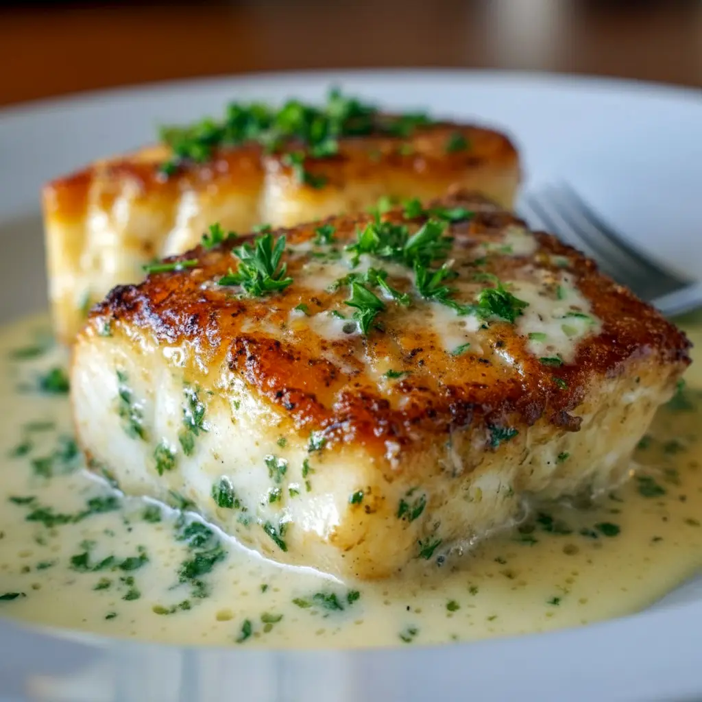 Close-up of a golden halibut fillet drizzled with lemon beurre blanc, plated with roasted baby potatoes and asparagus — perfect for Halibut Side Dishes, great inspiration for Easy Baked Halibut Recipes, and a top Halibut Sauce Recipes to copy, Best Halibut Ever.
