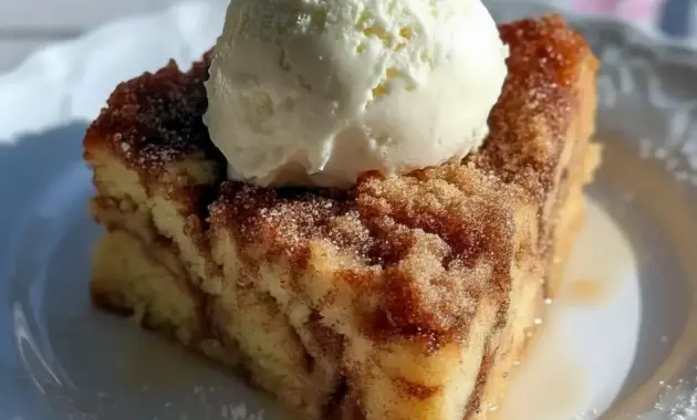 Slice of Eggnog Bread Pudding with a golden cinnamon-sugar top, gooey brioche center, and a generous drizzle of warm eggnog sauce, dusted with nutmeg.