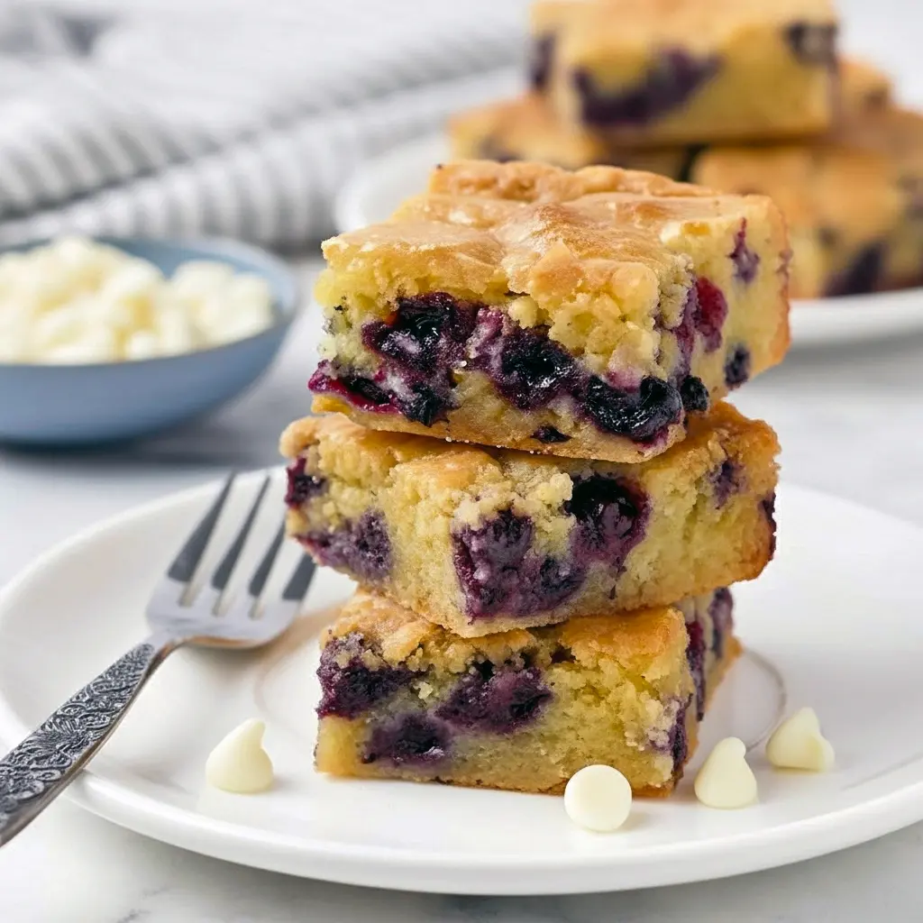 Plate of fudgy White Chocolate Blondies dotted with fresh blueberries and white chocolate chunks, cut into squares and stacked on parchment.