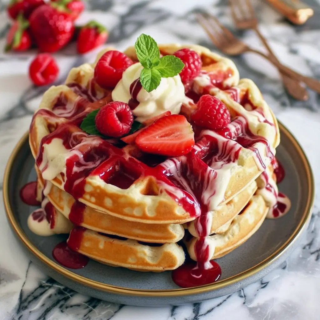 Waffle Recipes close-up of a red velvet marble waffle stacked with whipped cream and raspberries — a vibrant Breakfast Treats shot ready for brunch.
