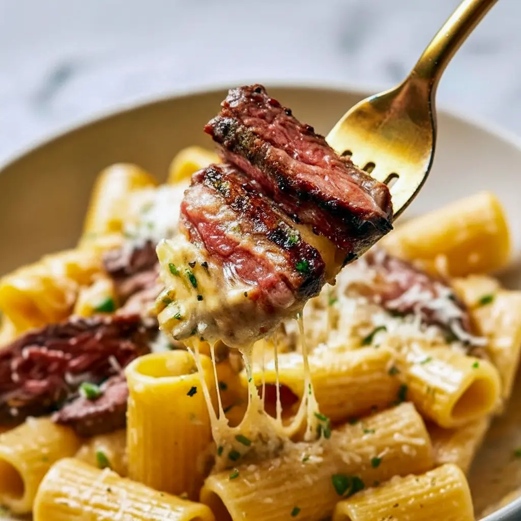 Close-up of sliced Cowboy Butter Steak over rigatoni coated in glossy herb-butter, topped with parsley and chili flakes — a tasty image for Best Dinner Ideas, perfect inspiration for Tuesday Dinner Ideas or bold Steak Meal Ideas, Cowboy Butter Steak Pasta.