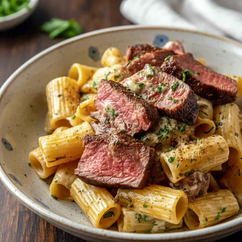 Close-up of sliced Cowboy Butter Steak over rigatoni coated in glossy herb-butter, topped with parsley and chili flakes — a tasty image for Best Dinner Ideas, perfect inspiration for Tuesday Dinner Ideas or bold Steak Meal Ideas, Cowboy Butter Steak Pasta.