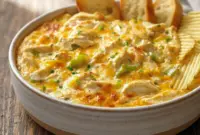 Bubbling Creamy Banana Pepper Chicken Dip in a small baking dish, melted golden cheese with visible banana pepper bits and a bowl of chips on the side — perfect Game Day Food and a top Party Food Appetizers choice.