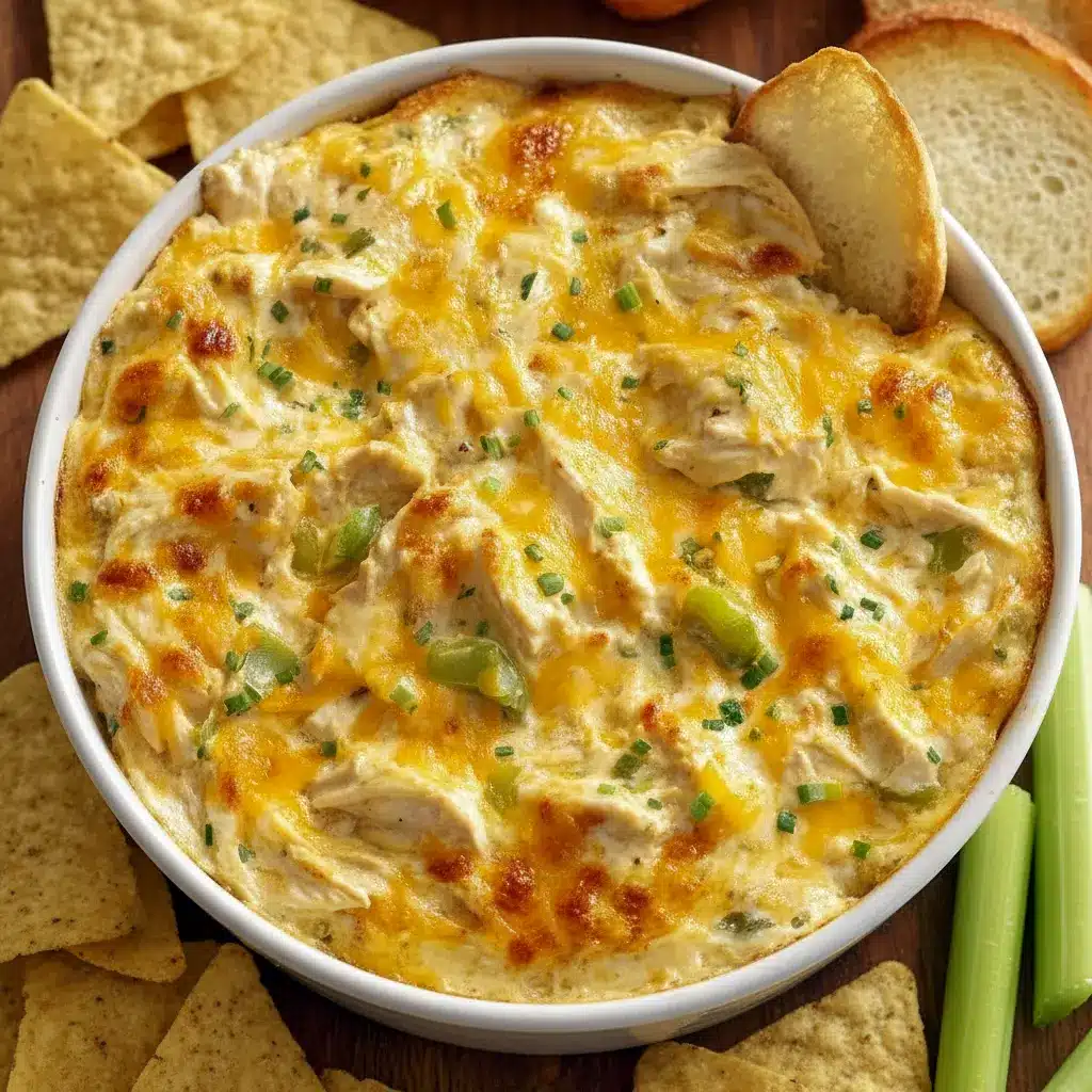 Bubbling Creamy Banana Pepper Chicken Dip in a small baking dish, melted golden cheese with visible banana pepper bits and a bowl of chips on the side — perfect Game Day Food and a top Party Food Appetizers choice.