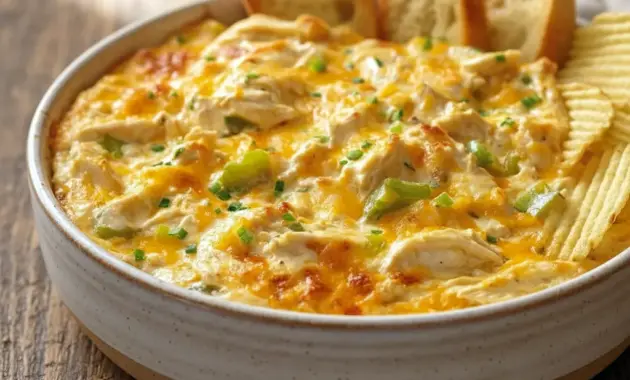 Bubbling Creamy Banana Pepper Chicken Dip in a small baking dish, melted golden cheese with visible banana pepper bits and a bowl of chips on the side — perfect Game Day Food and a top Party Food Appetizers choice.