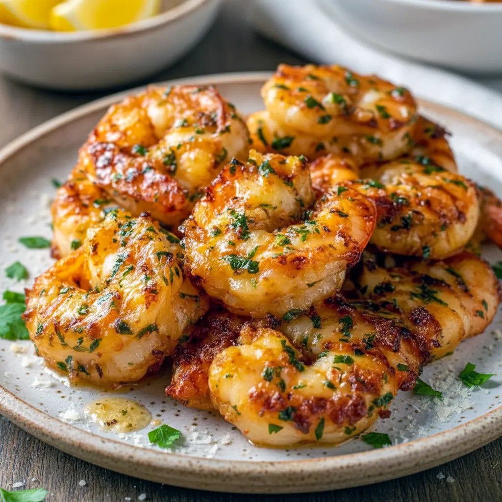 Dinner Recipe With Shrimp — golden garlic-Parmesan roasted shrimp on a white plate garnished with chopped parsley and lemon wedges.