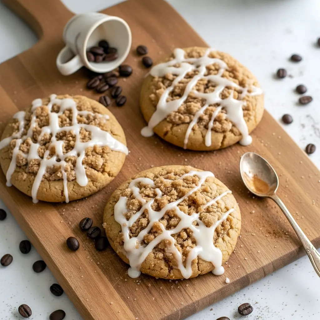 Coffee Cake Cookies on a wire rack: golden, streusel-topped cookies with a glossy icing drizzle, styled beside a steaming mug of coffee.