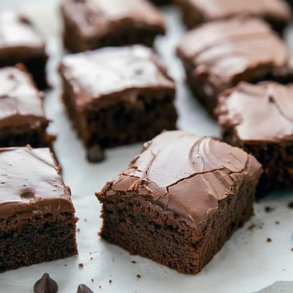 Close-up of chilled, fudge-like chocolate brownies cut into squares on parchment paper, Sweets That Are Healthy.