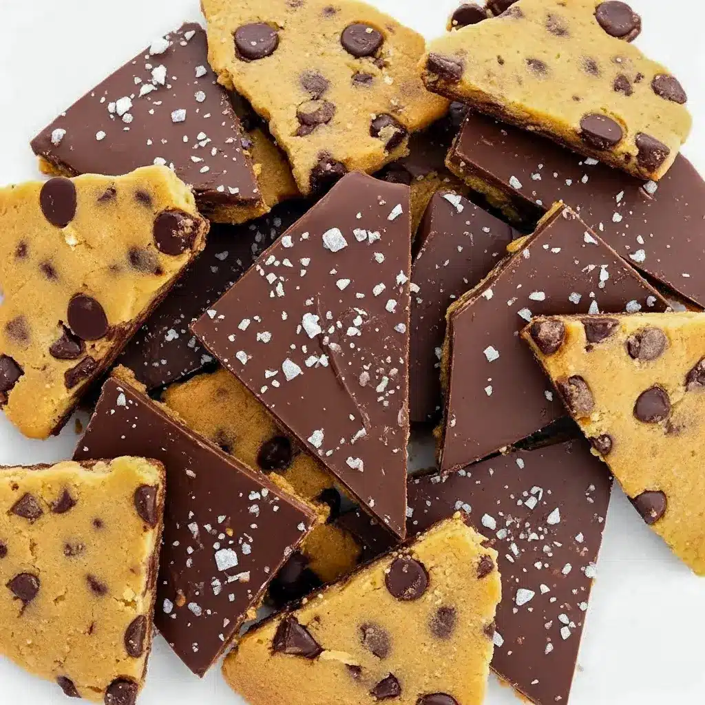Close-up of Gluten Free Cookie Dough Bark pieces with glossy chocolate and flaky salt — a chewy, crunchy Non-dairy Cookie Dough Dessert that’s also a Dairy Free Sugar Free Dessert and fits Healthy Desserts Low Carb snack goals, Easy Gluten Free Vegan Dessert.