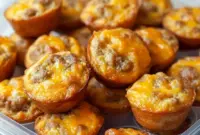 Easy Prep Breakfast — golden mini muffins studded with browned sausage and melted cheese on a wire rack, ready for grab-and-go mornings.