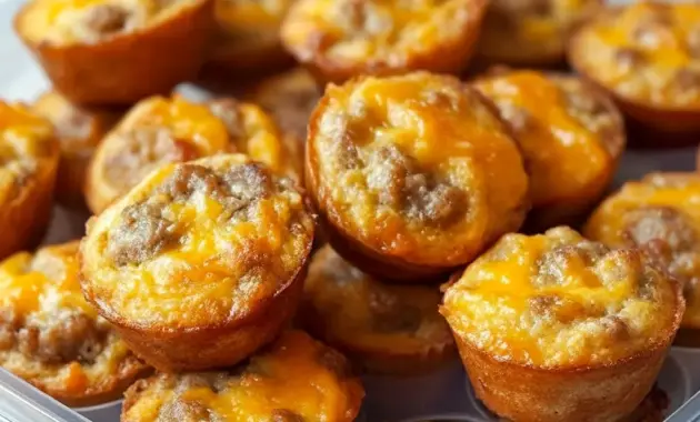 Easy Prep Breakfast — golden mini muffins studded with browned sausage and melted cheese on a wire rack, ready for grab-and-go mornings.