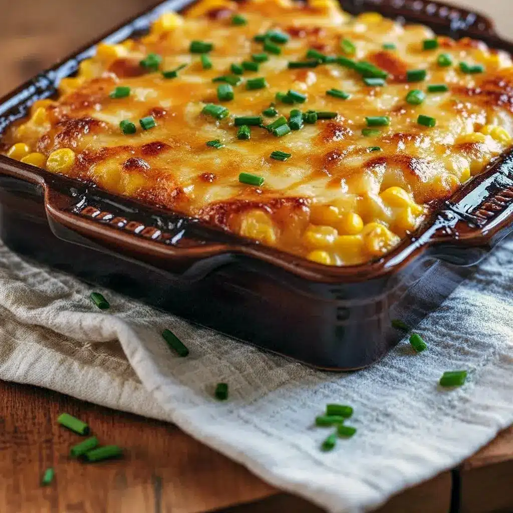 Best Dinner Side Dishes — close-up of honey-glazed corn casserole with a golden-brown top, drizzled honey and parsley garnish in a white baking dish.