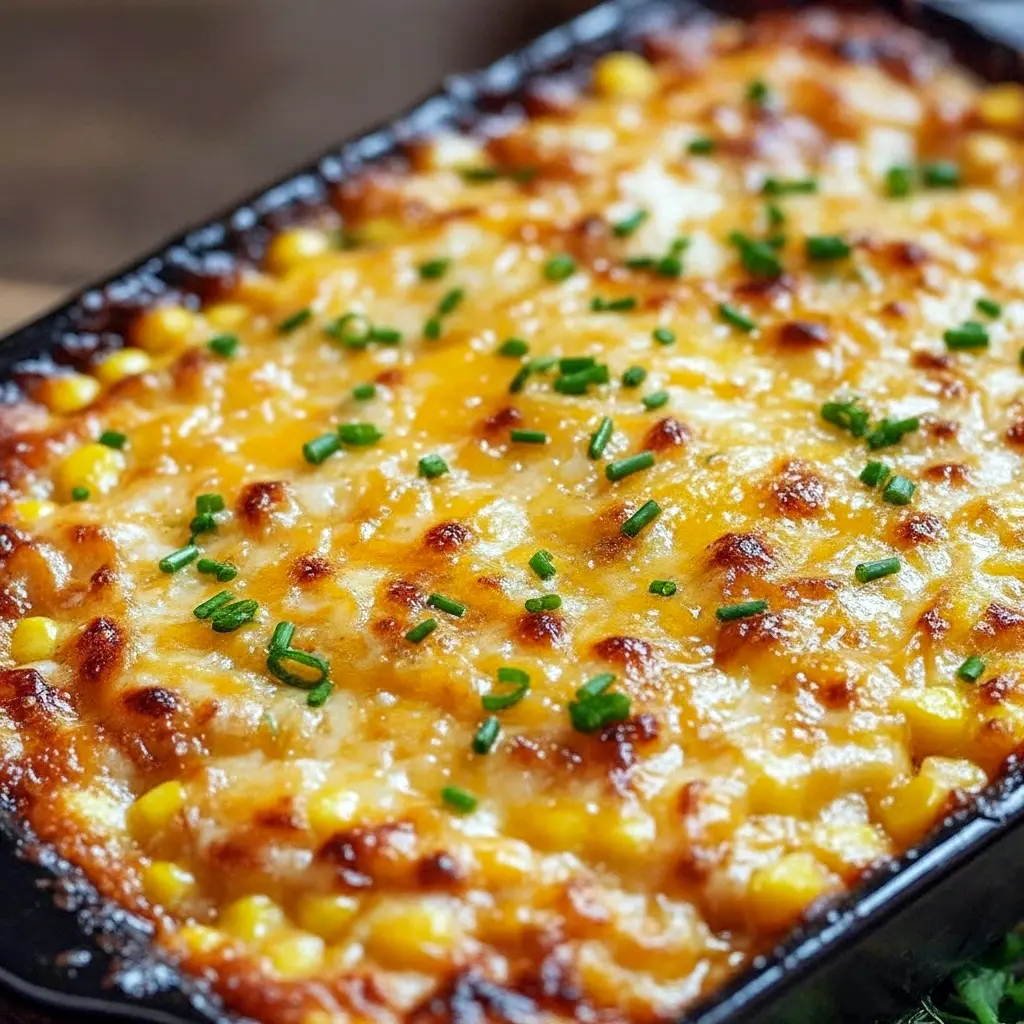 Best Dinner Side Dishes — close-up of honey-glazed corn casserole with a golden-brown top, drizzled honey and parsley garnish in a white baking dish.
