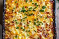 Best Dinner Side Dishes — close-up of honey-glazed corn casserole with a golden-brown top, drizzled honey and parsley garnish in a white baking dish.