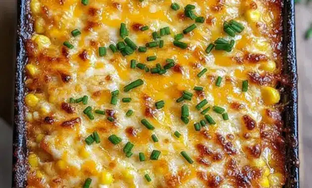 Best Dinner Side Dishes — close-up of honey-glazed corn casserole with a golden-brown top, drizzled honey and parsley garnish in a white baking dish.