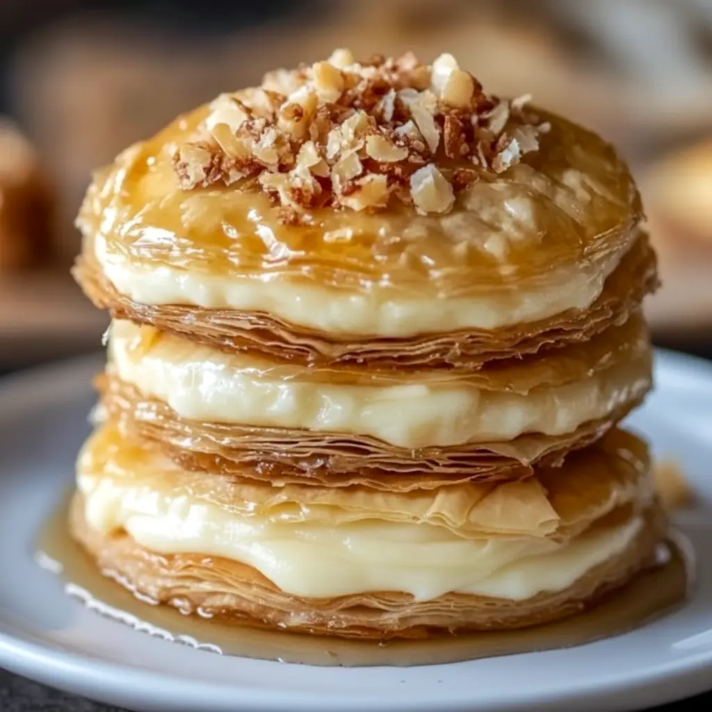 Close-up of golden Desserts With Phyllo Dough cookies: crisp phyllo parcels filled with creamy cheesecake, chopped walnuts, and a glossy honey drizzle.