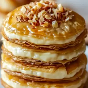 Close-up of golden Desserts With Phyllo Dough cookies: crisp phyllo parcels filled with creamy cheesecake, chopped walnuts, and a glossy honey drizzle.