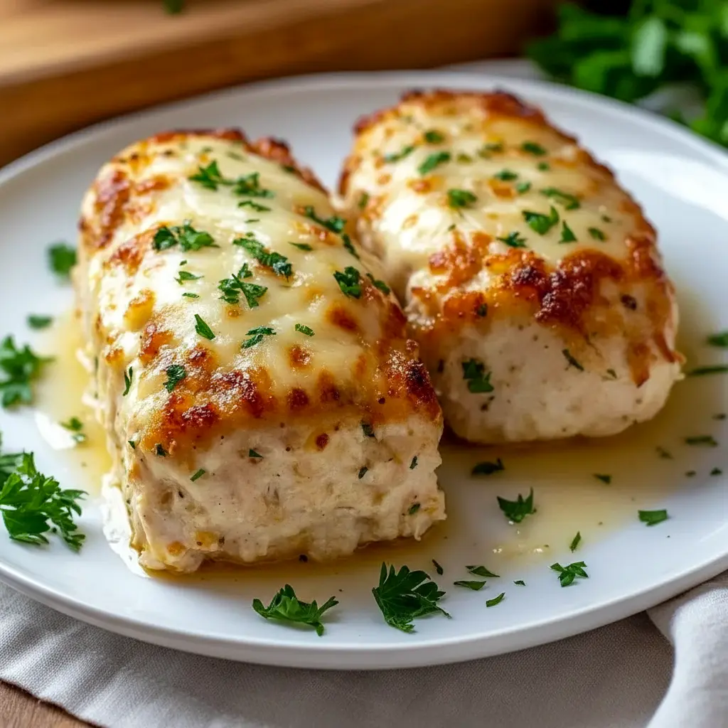 Sliced cheesy garlic Parmesan chicken loaf on a wooden board, melted mozzarella topping and parsley garnish, with a loaf pan in the background, Chicken Parmesan Loaf.