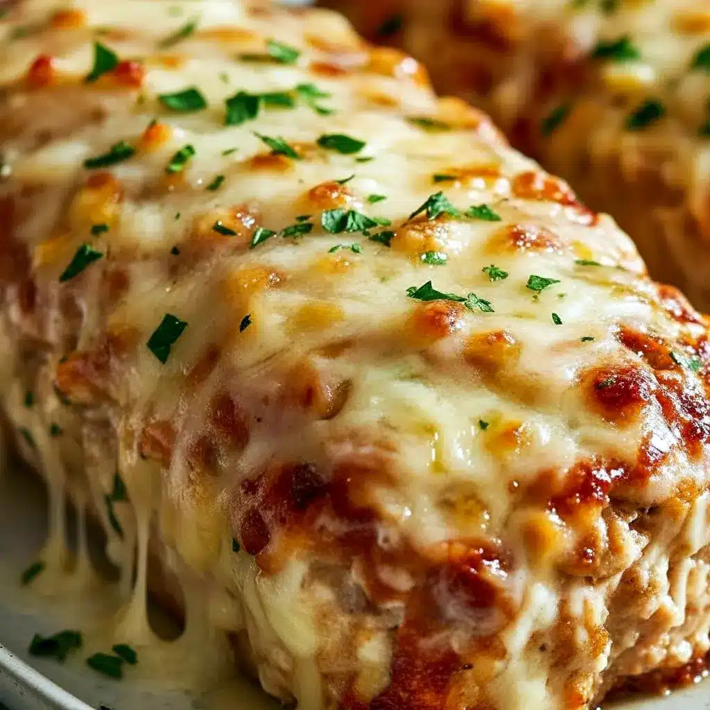 Sliced cheesy garlic Parmesan chicken loaf on a wooden board, melted mozzarella topping and parsley garnish, with a loaf pan in the background, Chicken Parmesan Loaf.