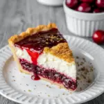 Overhead close-up of a slice of cranberry custard pie on a white plate, showing a glossy cranberry layer, creamy custard, flaky crust, a sprinkle of orange zest, and a dollop of whipped cream, Cranberry Christmas Desserts.