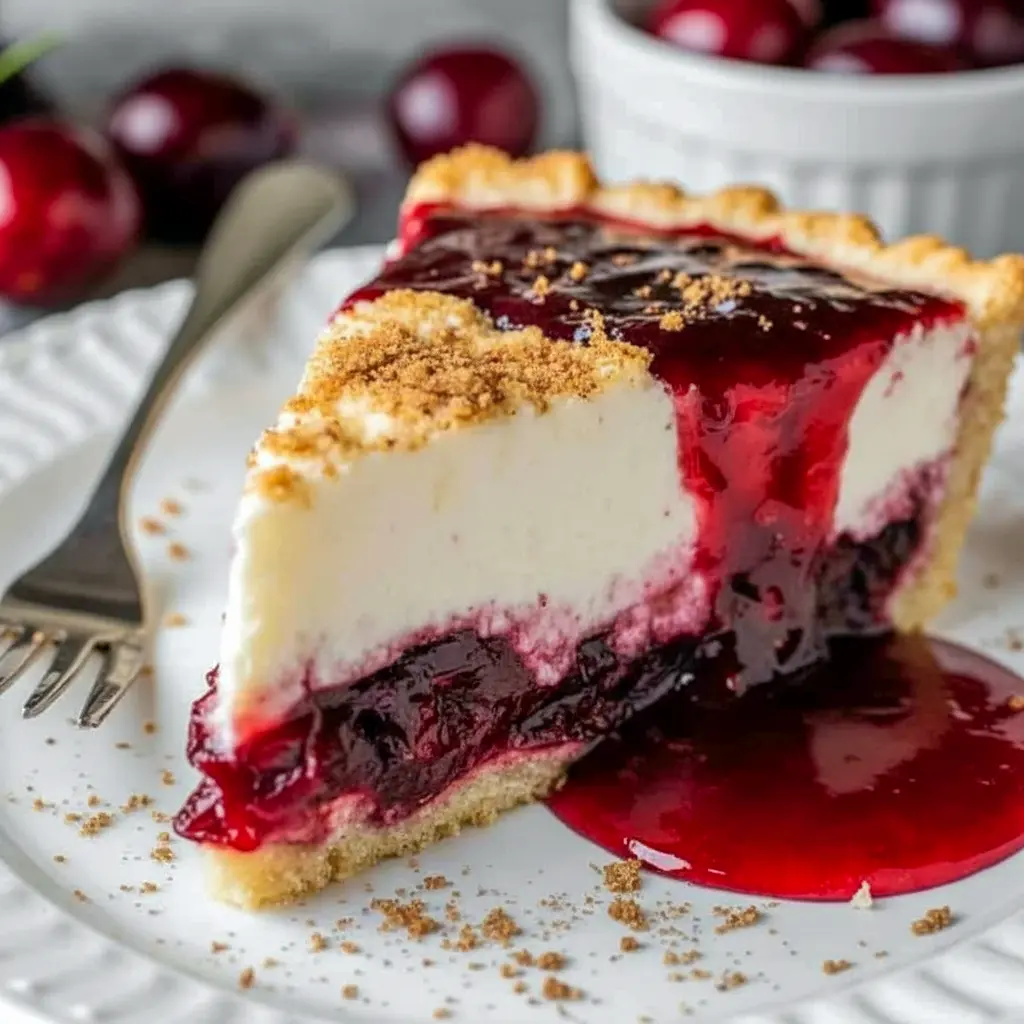 Overhead close-up of a slice of cranberry custard pie on a white plate, showing a glossy cranberry layer, creamy custard, flaky crust, a sprinkle of orange zest, and a dollop of whipped cream, Cranberry Christmas Desserts.