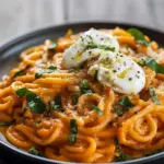 Close-up of creamy pasta tossed with roasted red peppers, topped with torn burrata and basil — a vibrant Pepper Pasta perfect for simple Health Dinner Recipes, weekend Meatless Meals, and fresh Veggie Recipes, Red Pepper Pasta.