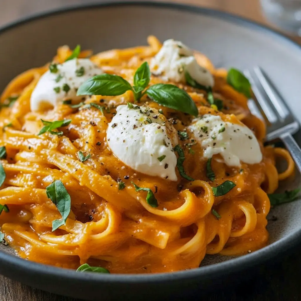 Close-up of creamy pasta tossed with roasted red peppers, topped with torn burrata and basil — a vibrant Pepper Pasta perfect for simple Health Dinner Recipes, weekend Meatless Meals, and fresh Veggie Recipes, Red Pepper Pasta.