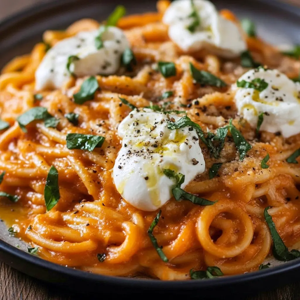 Close-up of creamy pasta tossed with roasted red peppers, topped with torn burrata and basil — a vibrant Pepper Pasta perfect for simple Health Dinner Recipes, weekend Meatless Meals, and fresh Veggie Recipes, Red Pepper Pasta.