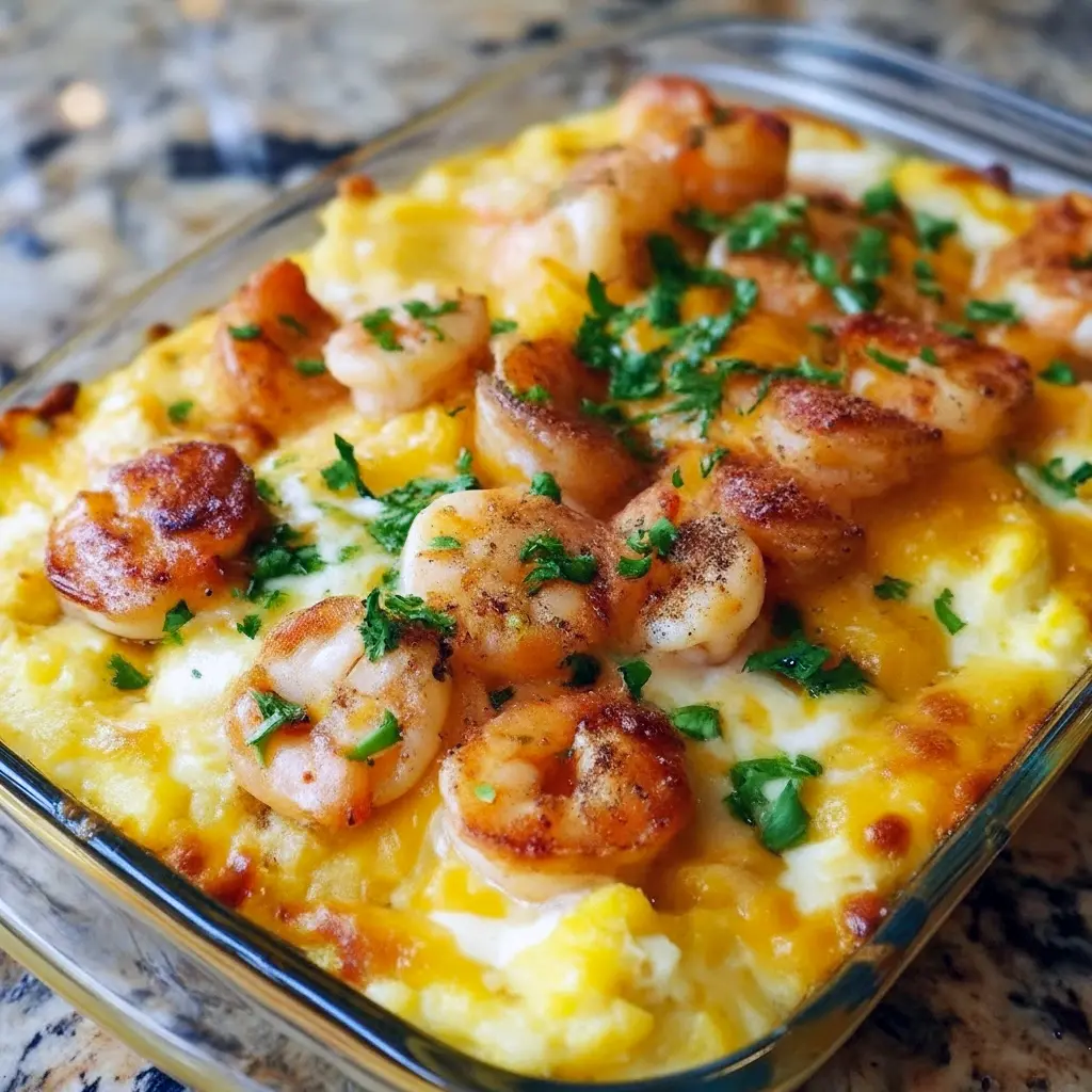 Golden baked casserole of cheesy grits and plump shrimp, topped with melted cheddar and fresh parsley, ready to serve, Baked Shrimp And Grits.