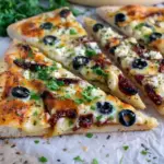 Golden, thin flatbread topped with melted mozzarella, sun-dried tomatoes, black olives, and crumbled feta — a no-fuss Mediterranean Flatbread Recipe Without Yeast (also great among other Mediterranean Flat Bread Recipes) that’s perfect for Mediterranean Flatbread Pizza Recipes; a quick guide on How To Make Mediterranean Flatbread accompanies the pin, Homemade Mediterranean Flatbread.