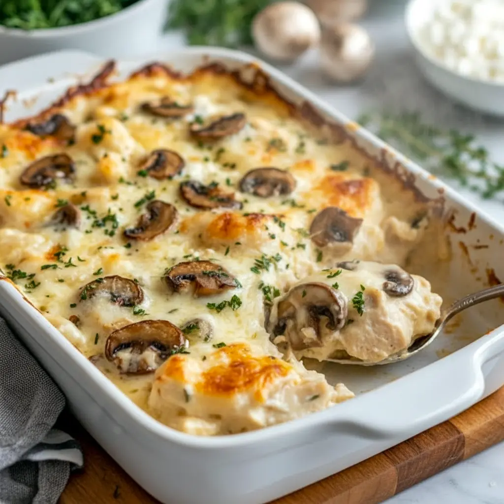 Close-up of a bubbling Keto Casserole with gooey cheese, tender chicken, and sautéed mushrooms — a tasty Healthy Low Carb Dinners pick and satisfying Low Carb Chicken meal.