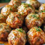 Golden-brown cheesy sausage balls on a parchment-lined baking sheet with a small bowl of salsa for dipping, Cream Cheese Sausage Balls.